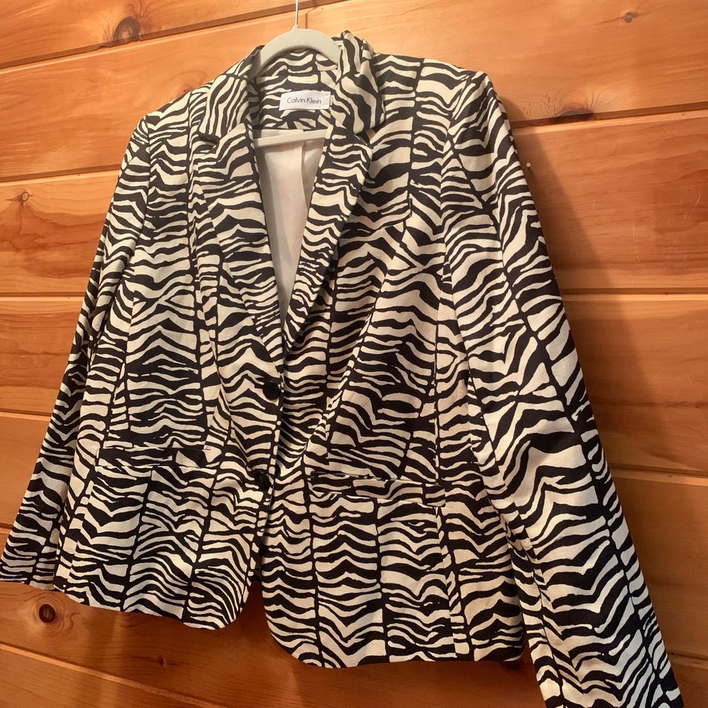 Calvin Klein Linen Black Cream Zebra Animal Print Lined Jacket NWOT Size 16W